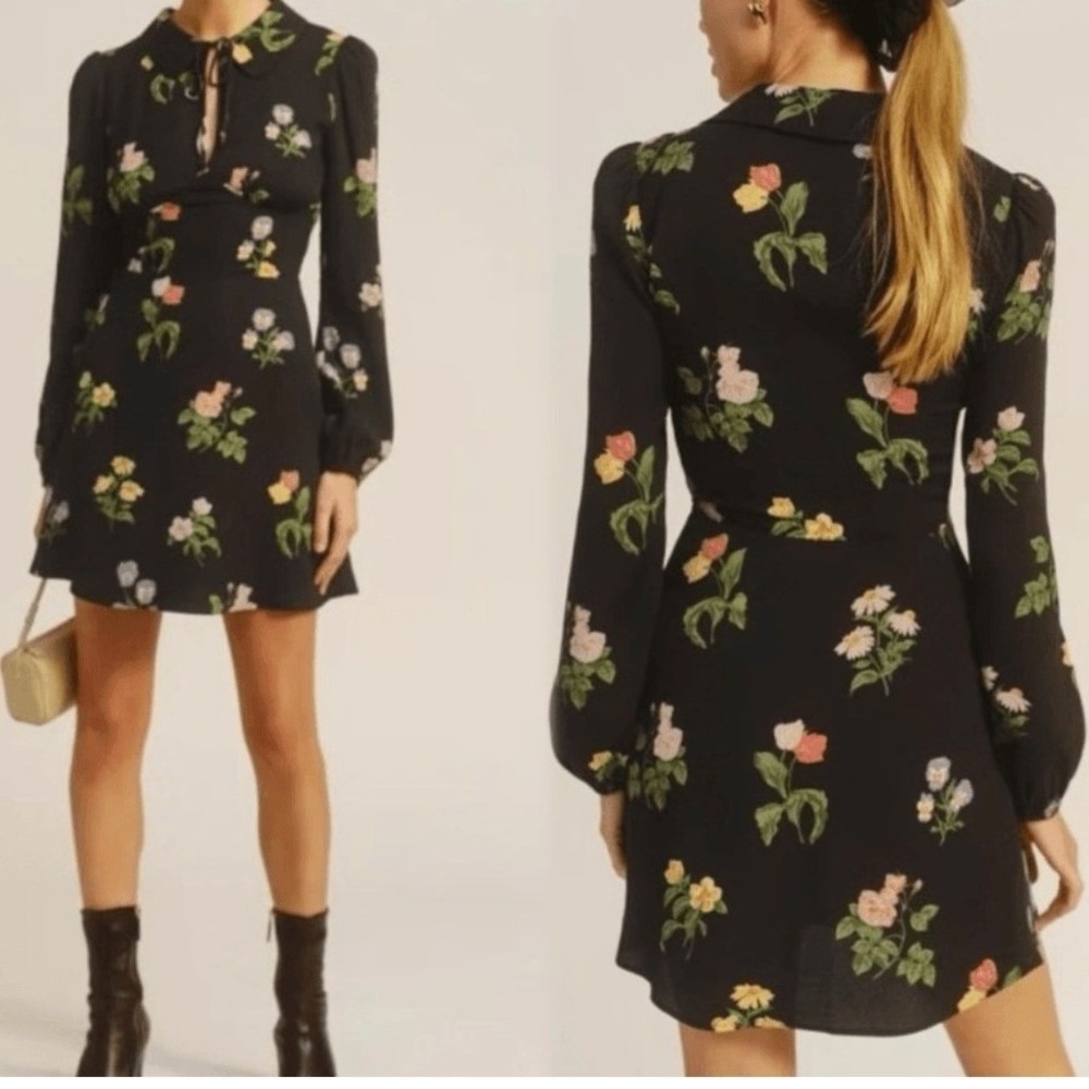 Reformation Will mini dress size 4 black floral‎ long sleeve keyhole - Picture 2 of 8